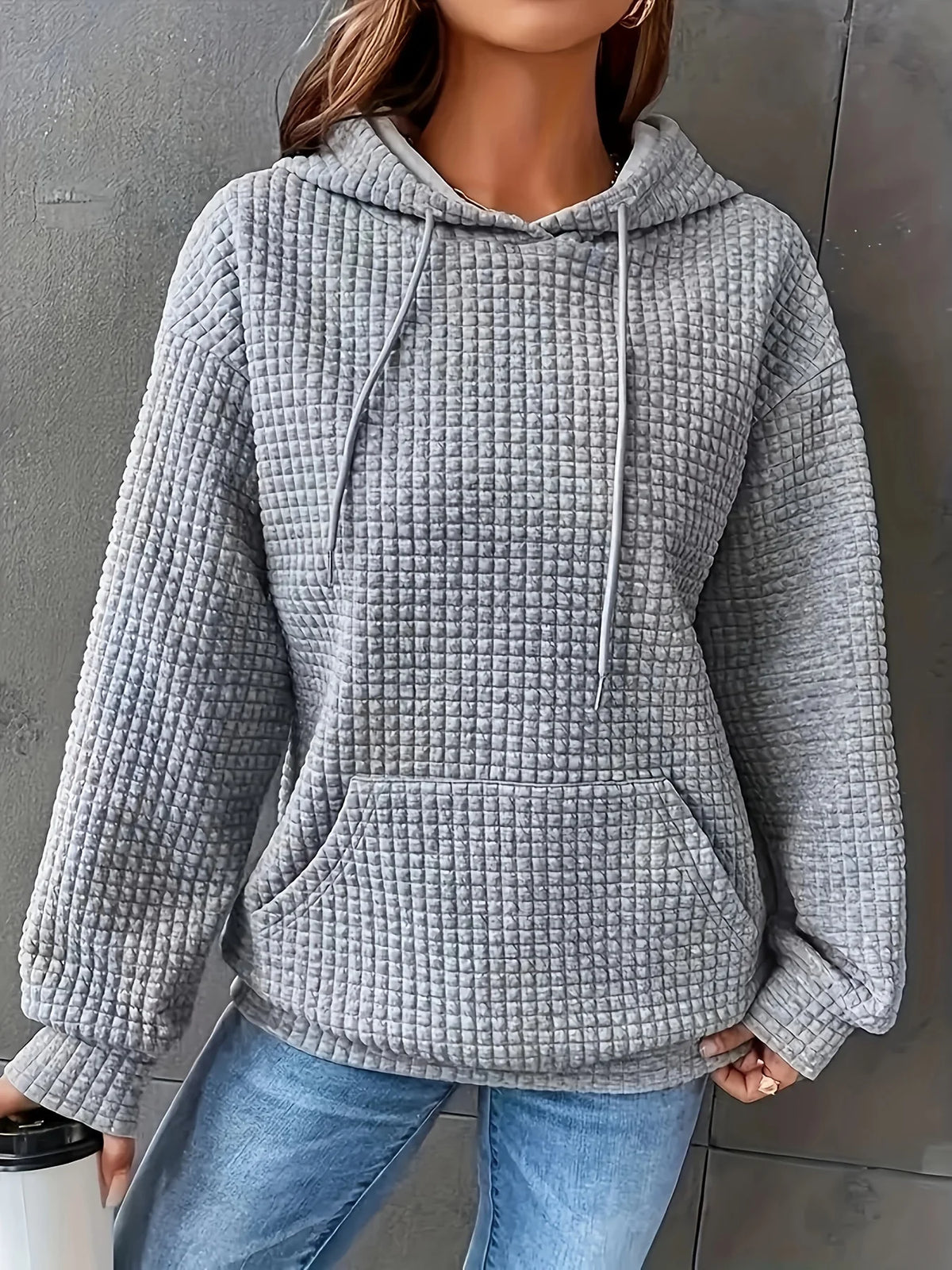 Women's Waffle Knit Pullover Hoodie With Kangaroo Pocket