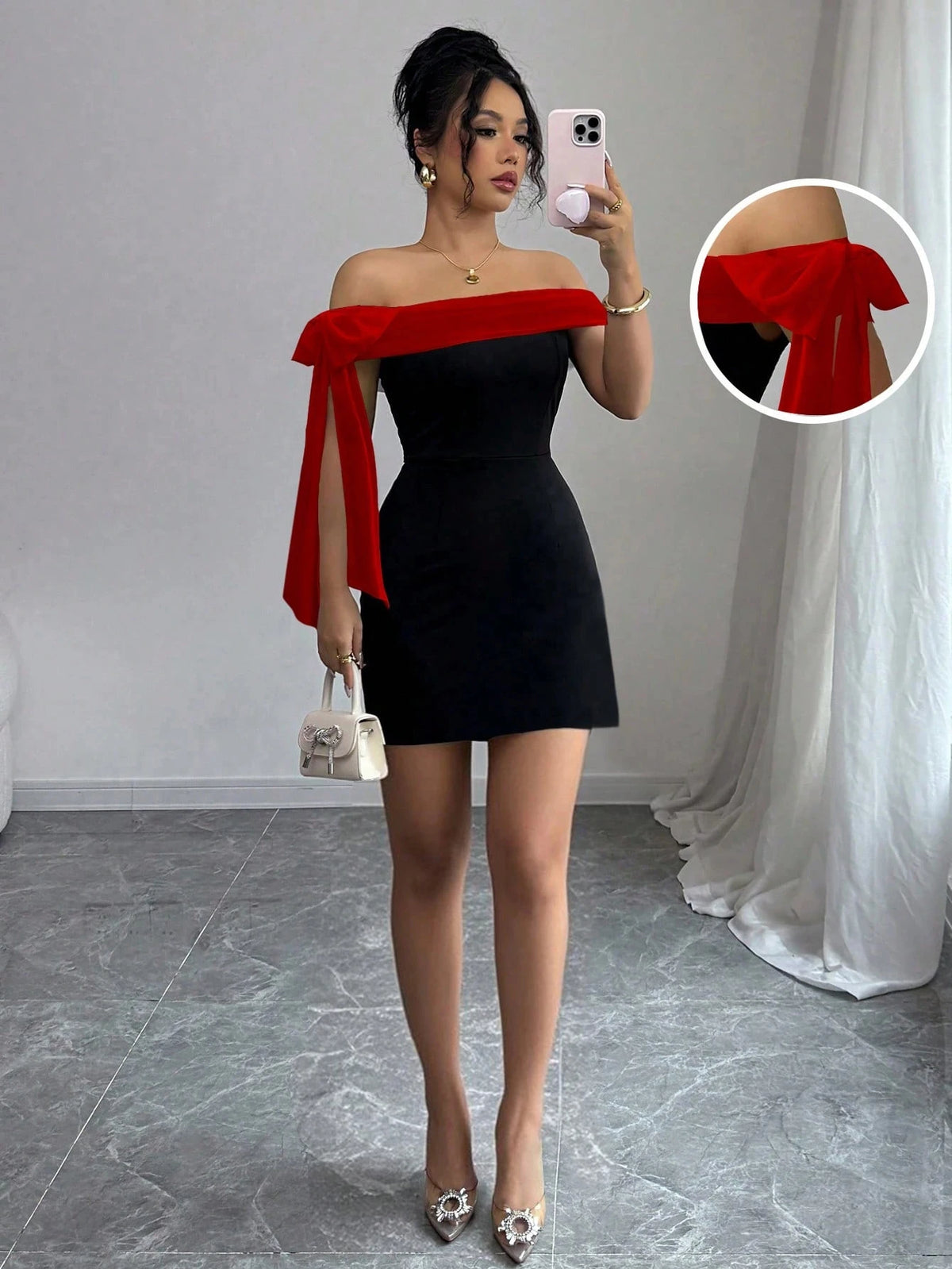Women's Off Shoulder Bodycon Dress With Bow And Lace Detail