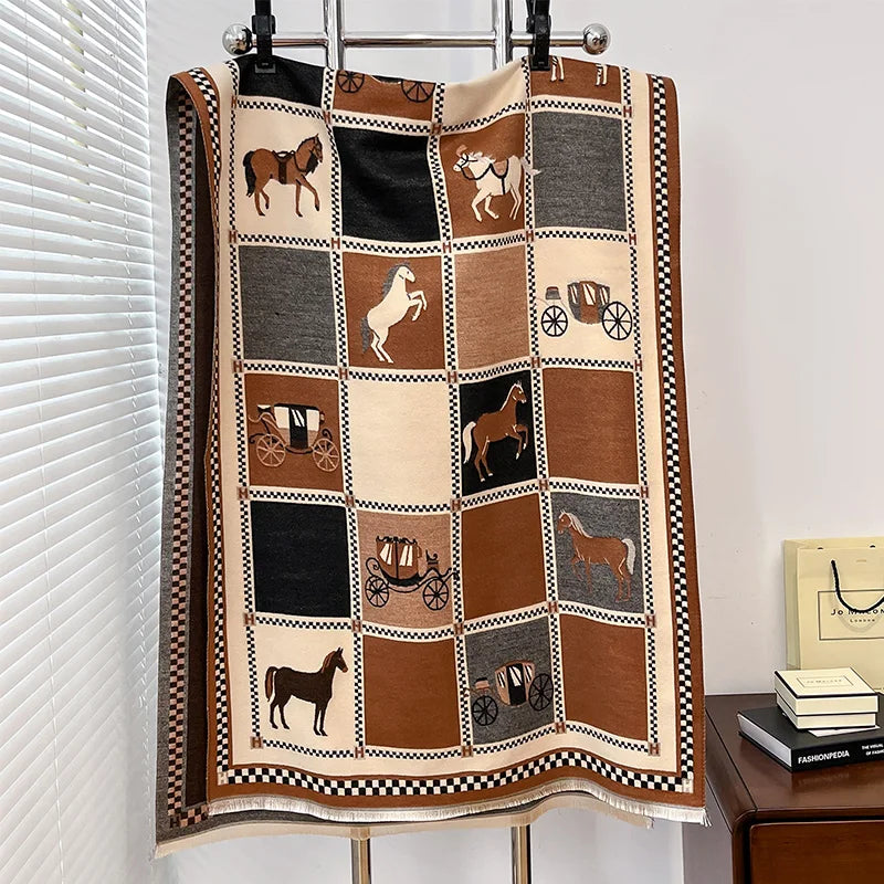 Women's Horse Print Winter Poncho Scarf Shawl Wrap for Outdoor Wear