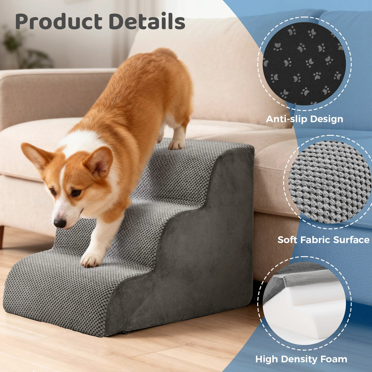 Jhk 3-5 Step Curved High Density Foam Dog Stairs