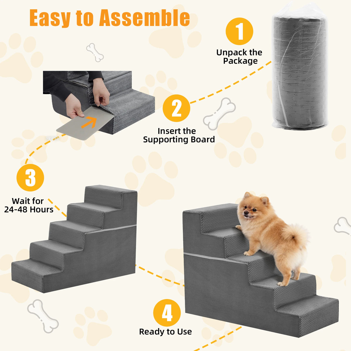 Curved Foam Dog Stair Ramp With Non Slip Indoor Steps