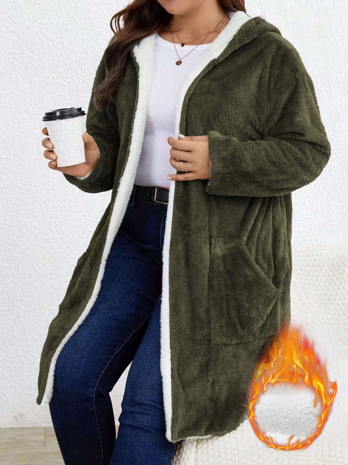 Womens Fleece Lined Hooded Sherpa Trim Open Cardigan Coat