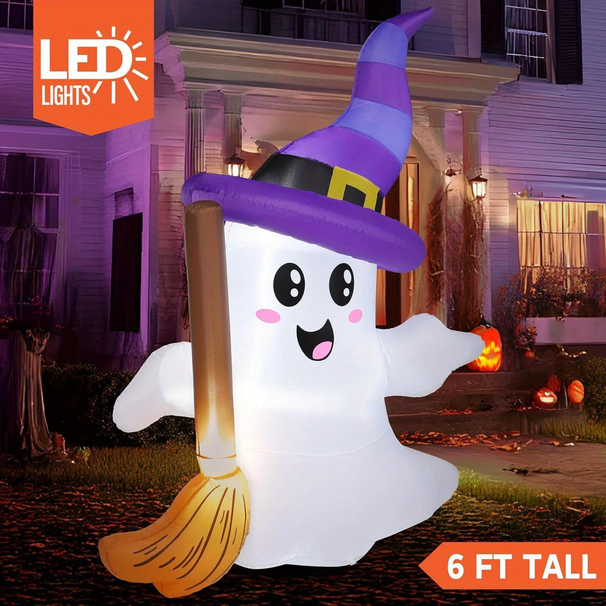 Halloween Blow Up Ghost with Broom LED Outdoor Yard Inflatables