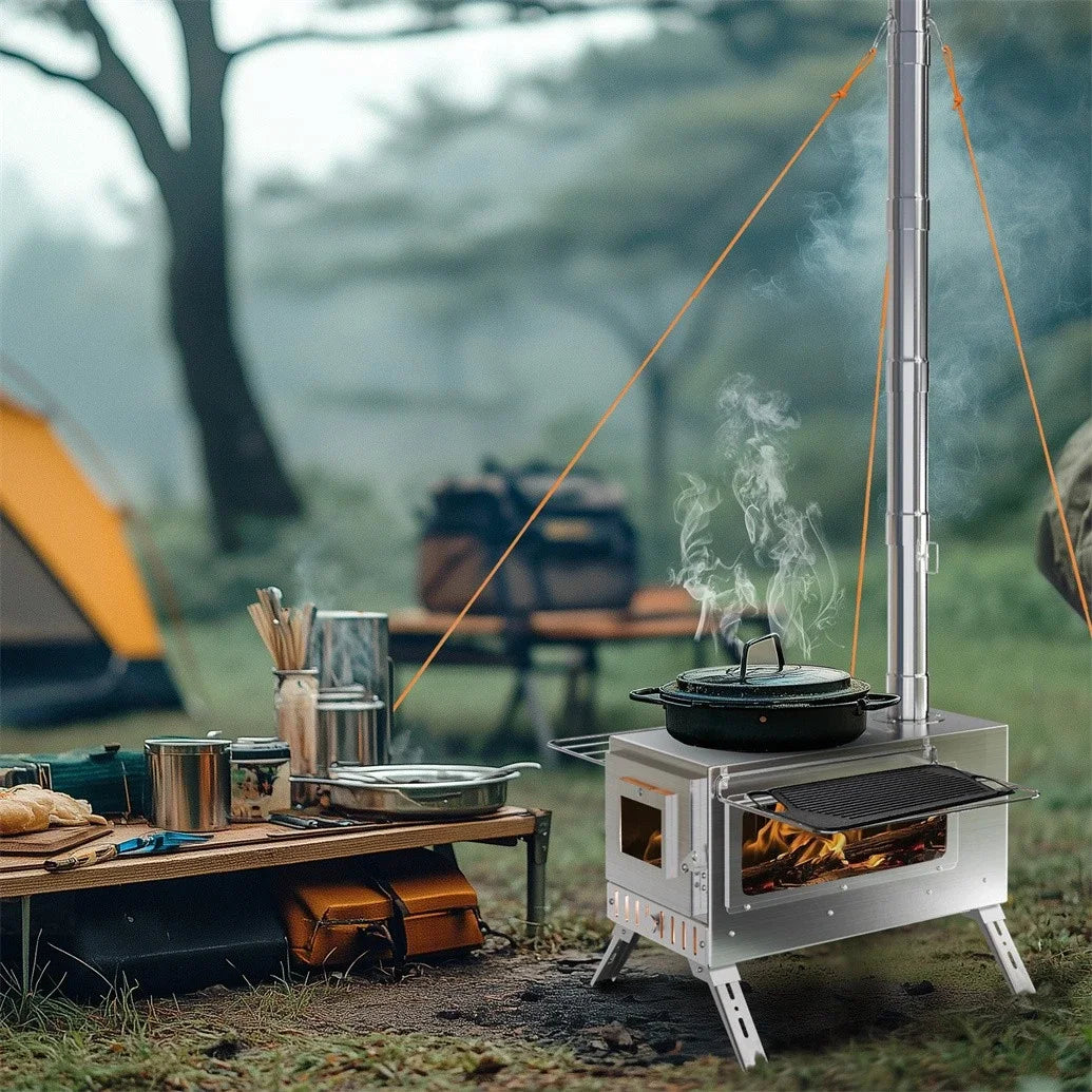 Portable Wood Burning Tent Stove With Chimney Pipes For Heating and Cooking