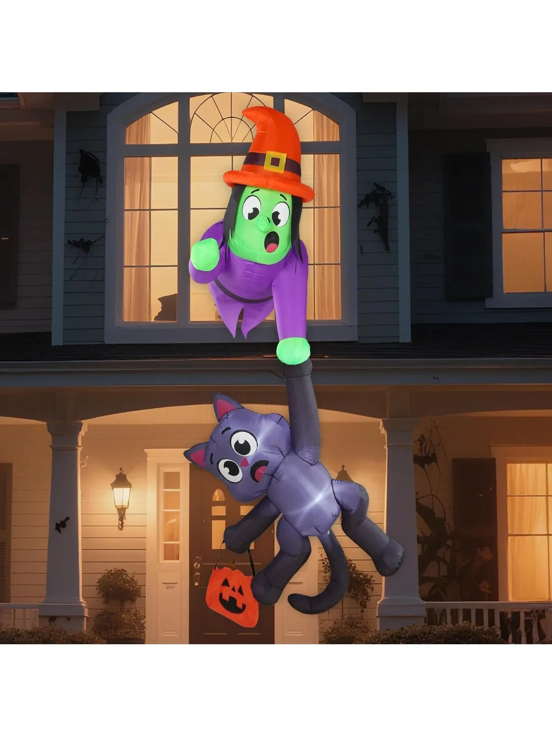 Halloween Witch And Black Cat Inflatable Roof Decoration LED Lights