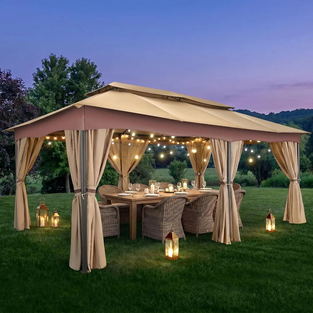 Tooluck Outdoor Gazebo with Curtains and Ventilated Double Roof Canopy