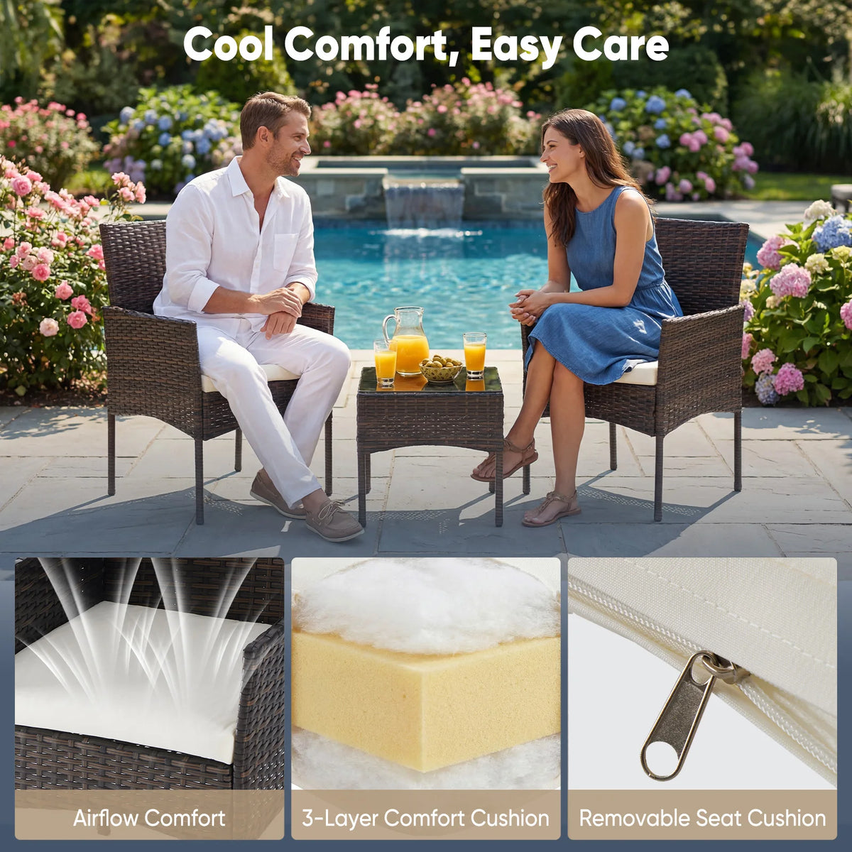 JHK Wicker Patio Bistro Set With Cushions And Glass Table