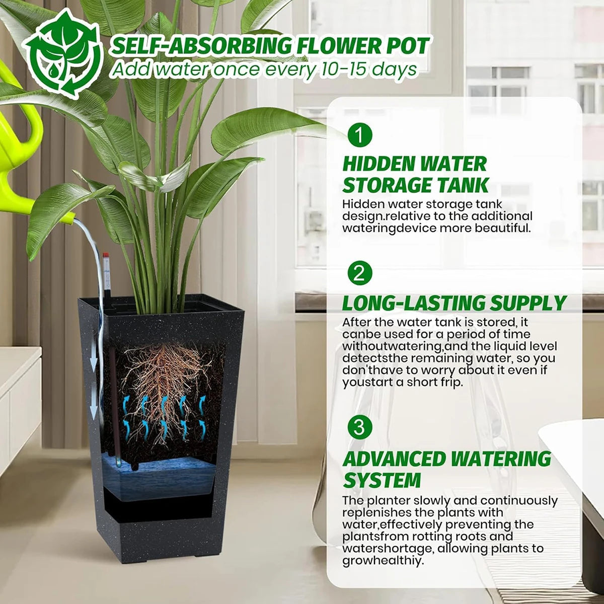 TWISTER.CK Rectangular Planters With Drainage And Water Level Monitor