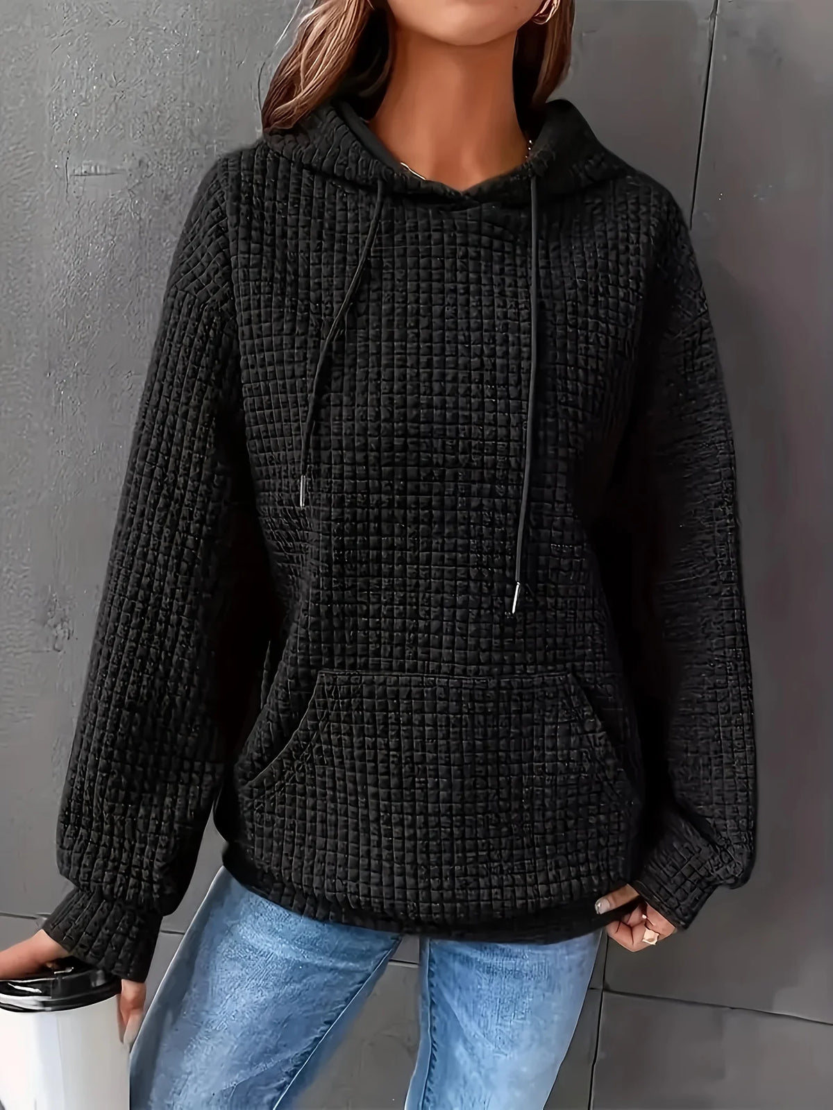 Women's Waffle Knit Pullover Hoodie With Kangaroo Pocket