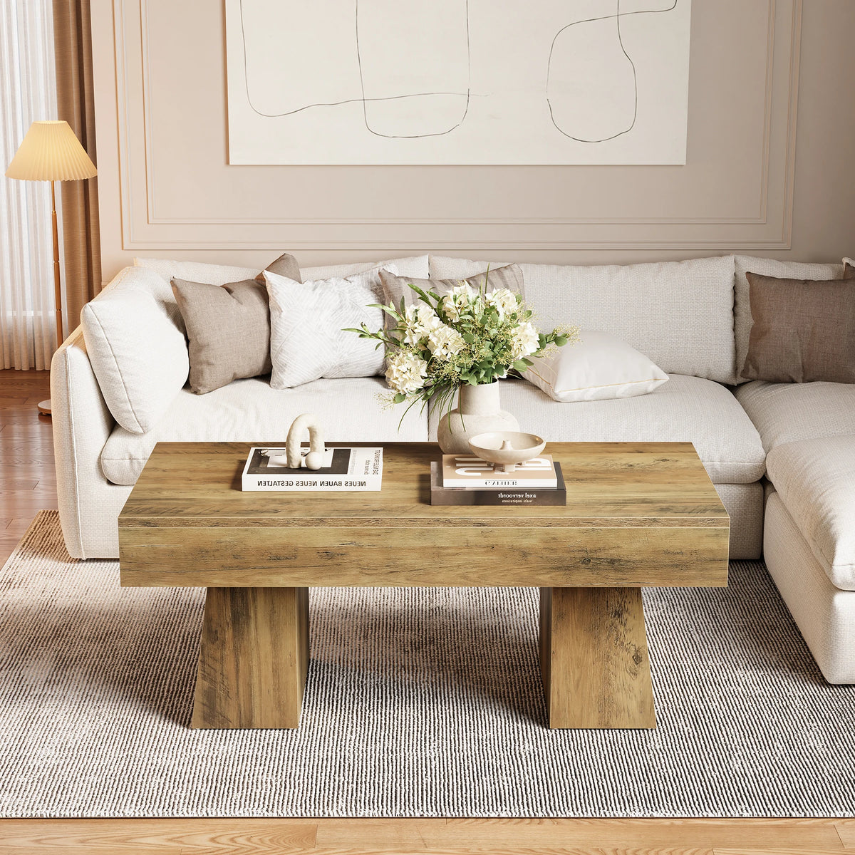 Tribesigns Farmhouse Wooden Coffee Table With Thick Base