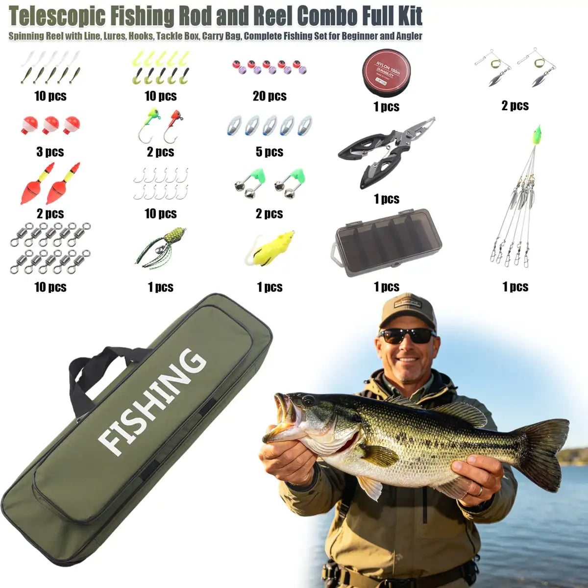 Portable Telescopic Fishing Rod Reel Combo Kit With Lures Bag