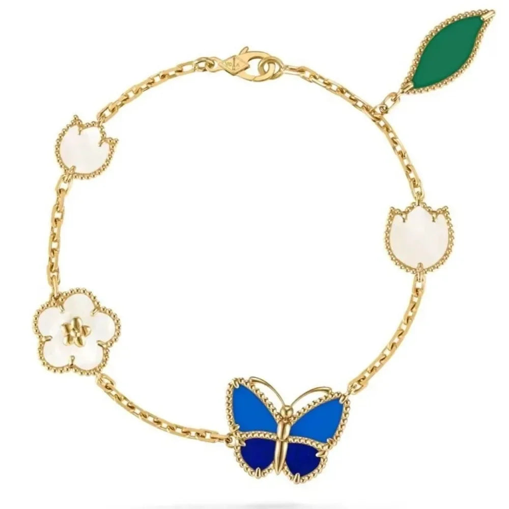 Retro Butterfly Flower Seashell Inlaid Chain Link Bracelet for Women
