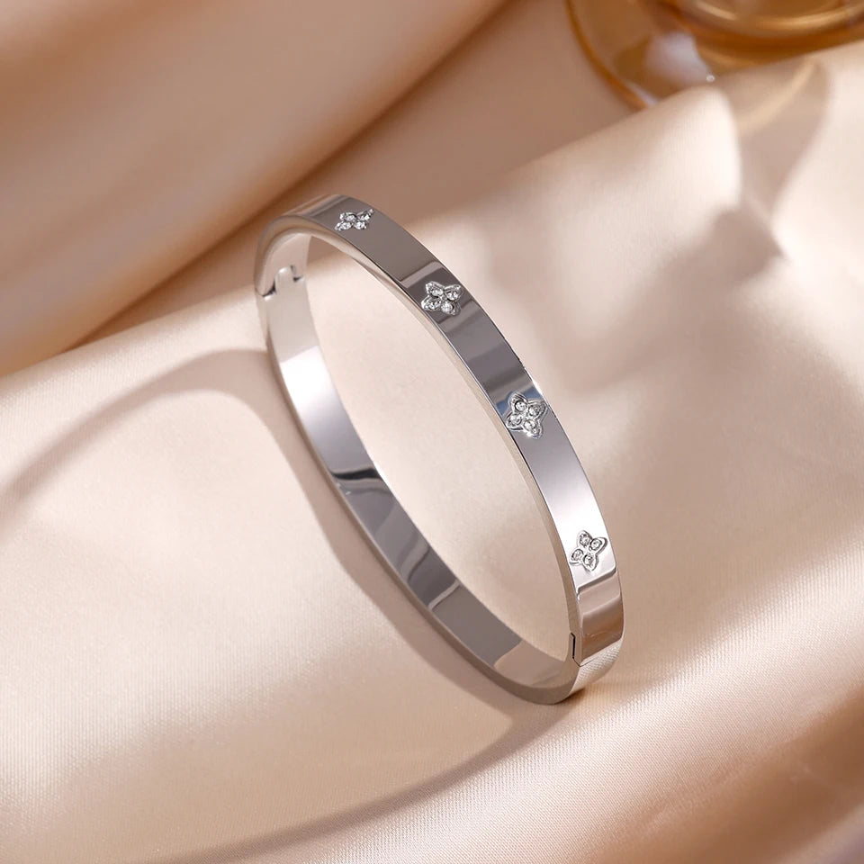 Sparkling Zirconia Stainless Steel Bracelet Set For Women