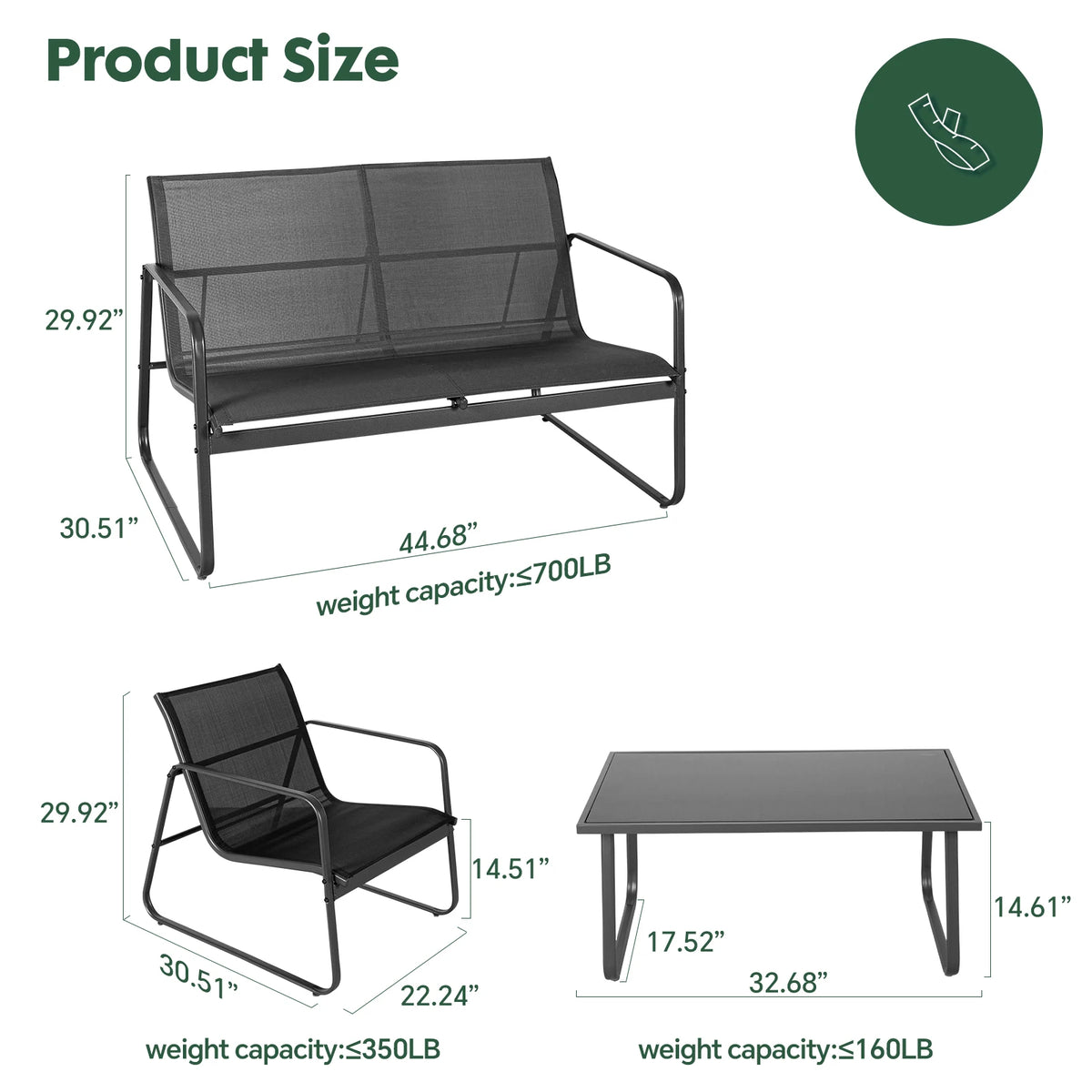 JHK Outdoor Patio 4 Piece Metal Sectional Set With Table