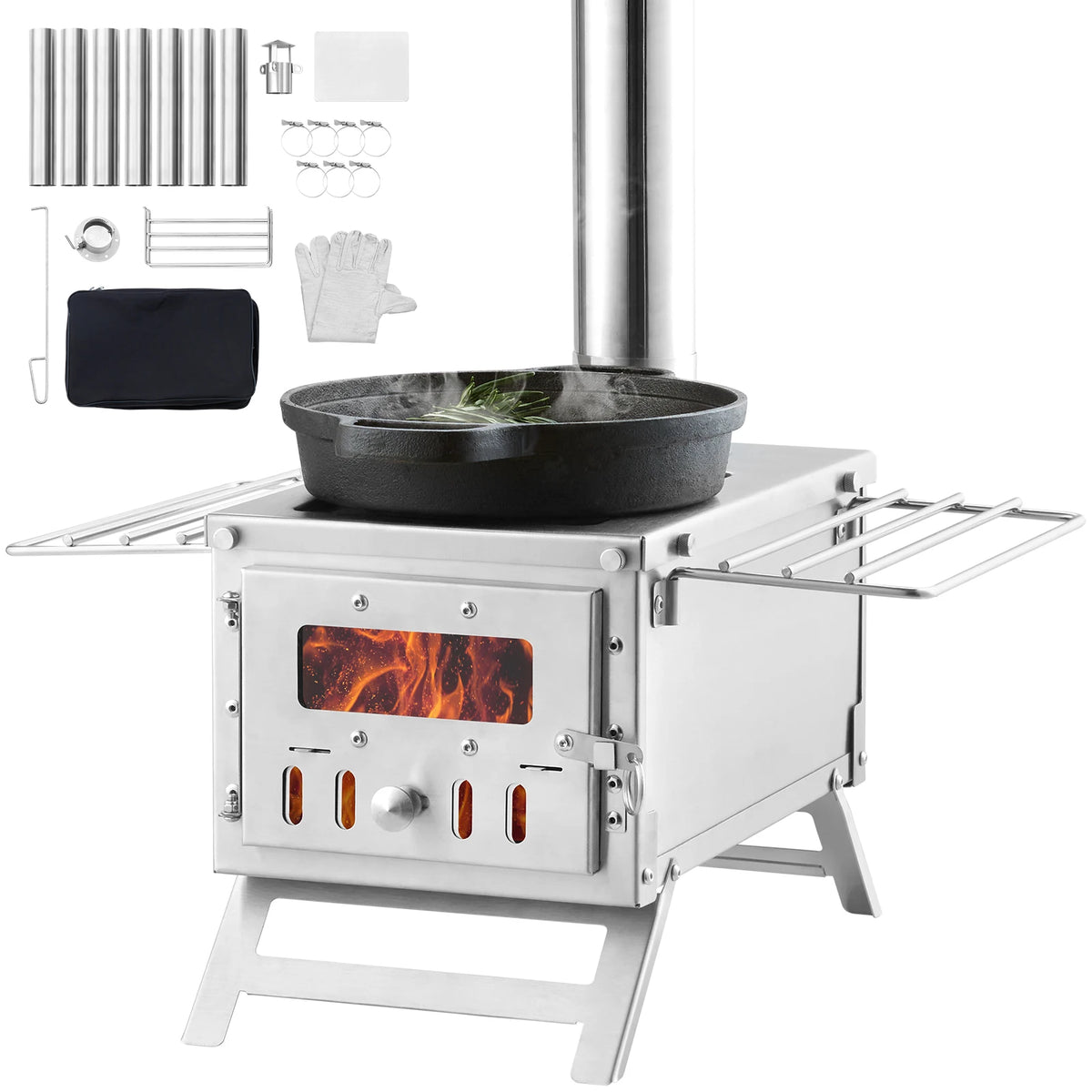 Portable Camping Wood Stove With Chimney Pipes And Protective Gloves