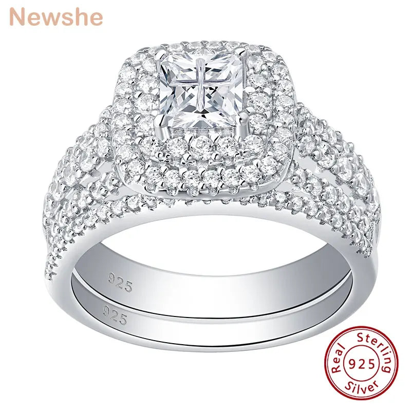 Newshe Sterling Silver Halo Wedding Ring Set Simulated Diamond
