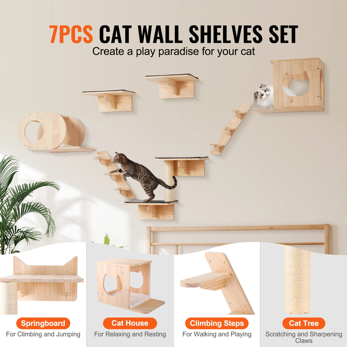 SucceBuy Wall Mounted Cat Shelves Wooden Jumping Board And Hammock