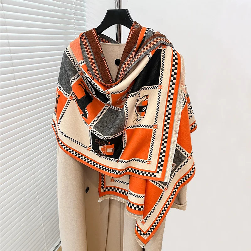 Women's Horse Print Winter Poncho Scarf Shawl Wrap for Outdoor Wear