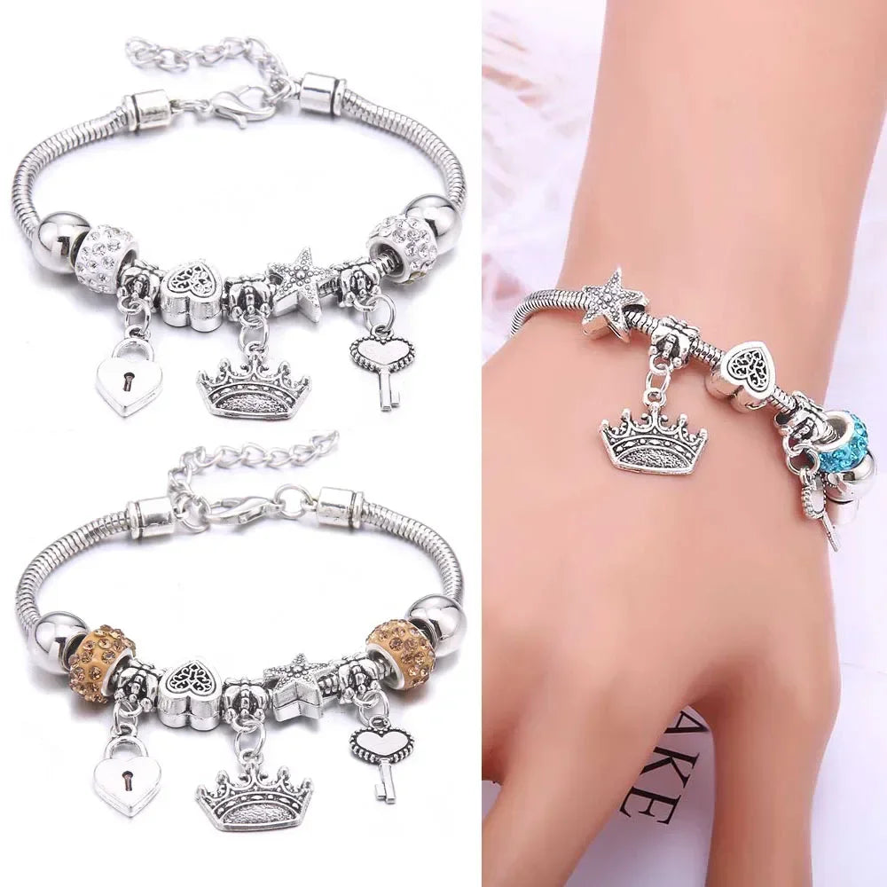 Elegant Butterfly Crown Beaded Charm Bracelet For Women