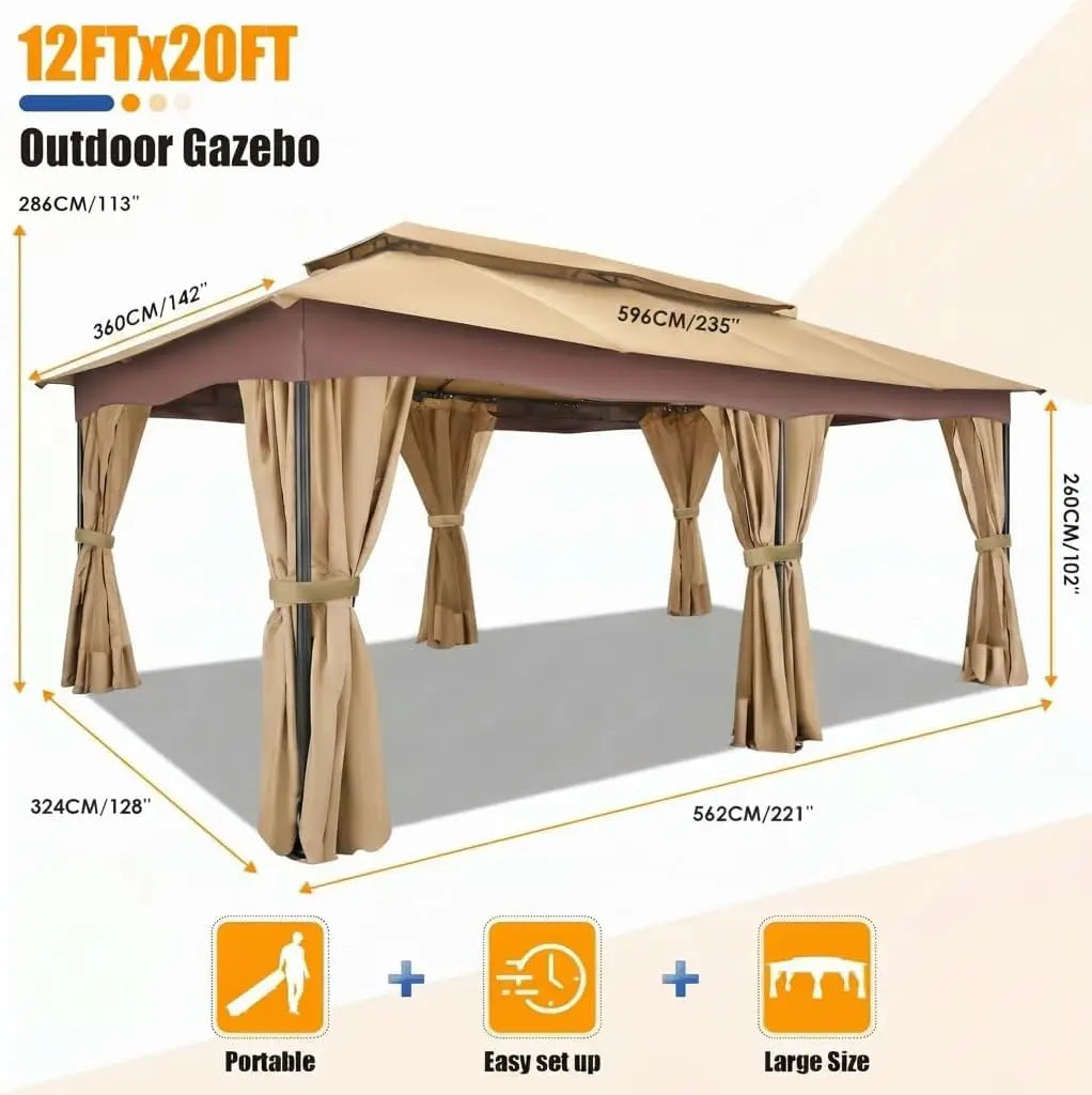 Tooluck Outdoor Gazebo with Curtains and Ventilated Double Roof Canopy