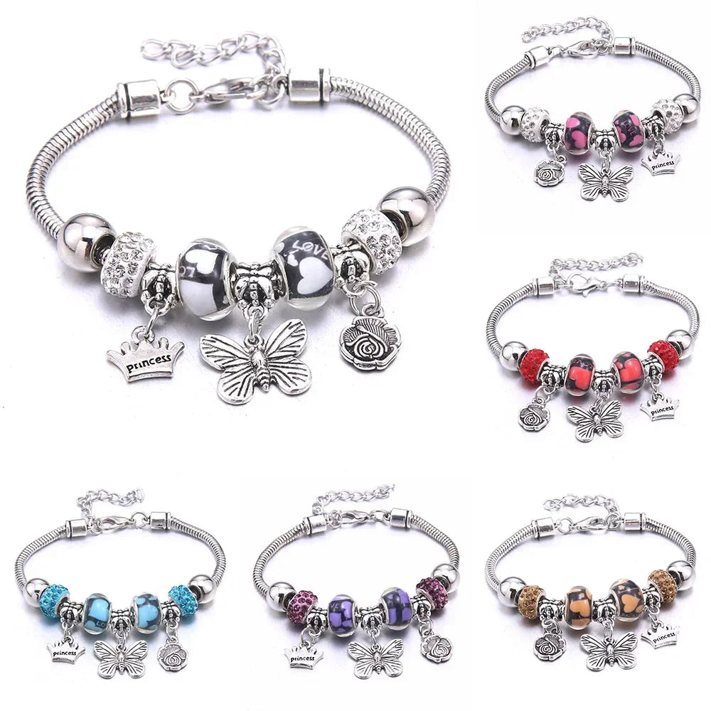 Elegant Butterfly Crown Beaded Charm Bracelet For Women