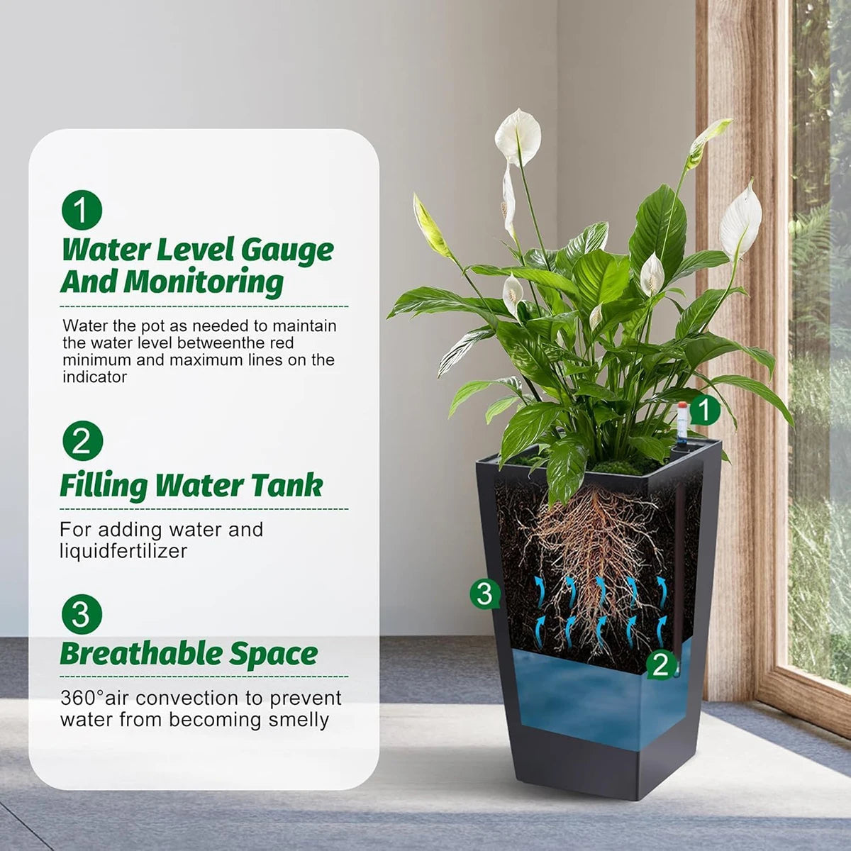 TWISTER.CK Rectangular Planters With Drainage And Water Level Monitor